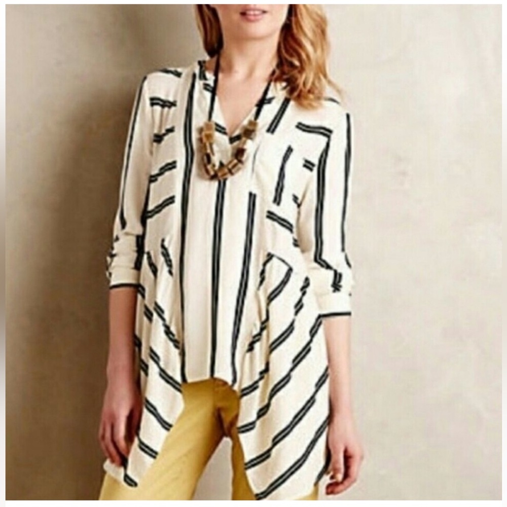 Maeve by Anthropologie Cream Asymmetrical Blouse with Black Stripes. Size 4